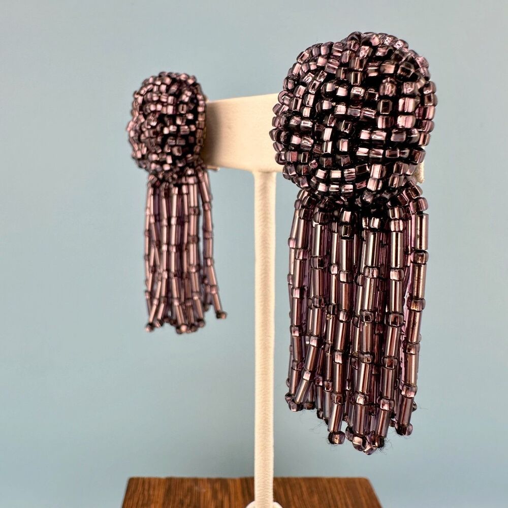 Vintage Purple Seed Bead Tassel Earrings Iridescent Clip On Dangle Hand Sewn - Picture 6 of 11